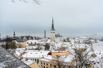 Obraz premium Estonia. Tallinn. January 14, 2021. Red tiled roofs, spiers and towers in the old city. Medieval architecture of the Baltics. Winter, urban landscape. Panorama of the city.