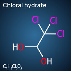 Chloral hydrate. geminal diol, anesthetic molecule. A synthetic monohydrate of chloral, hypnotic and sedative, anticonvulsive drug. Structural chemical formula on the dark blue background