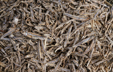 Small dried fish displayed on food market at Ranohira, Madagascar, closeup detail