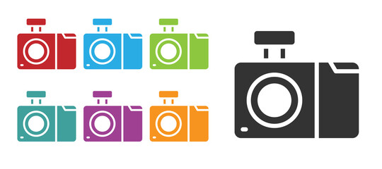 Black Photo camera icon isolated on white background. Foto camera icon. Set icons colorful. Vector.