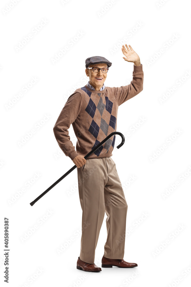 Sticker elderly gentleman holding a cane and greeting with hand