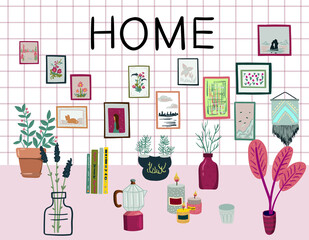 Stay at home. Set of stylish scandinavian apartment design elements for self-isolation during quarantine and other use. Flat vector cartoon illustration isolated on white background
