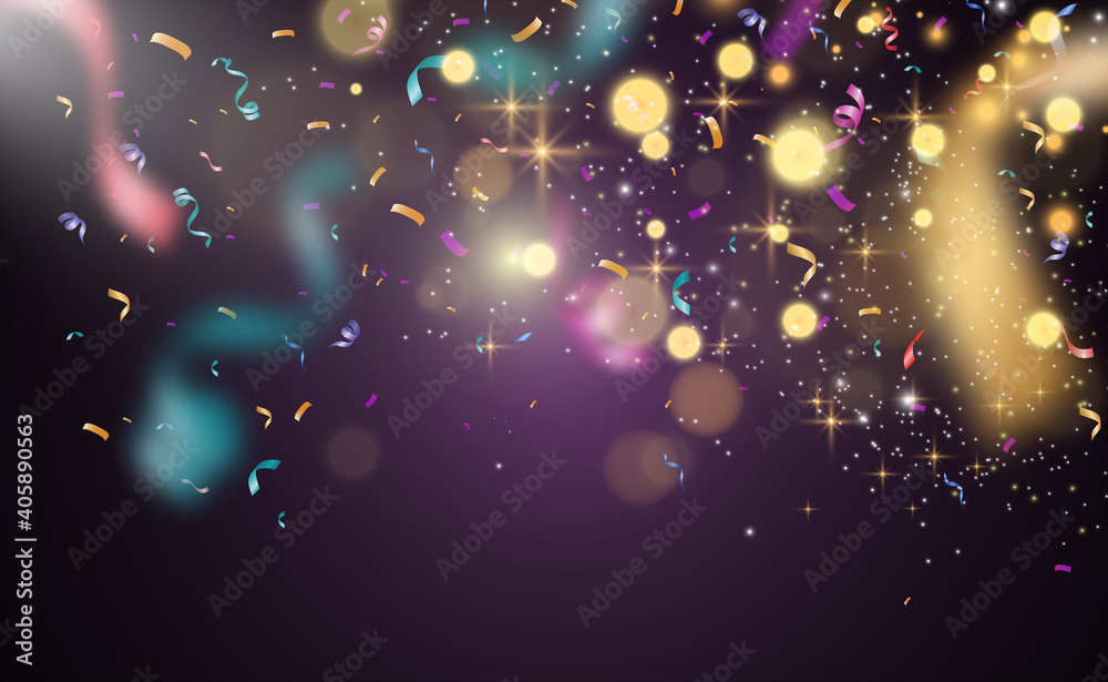 Poster Lots of colorful tiny confetti and ribbons on transparent background. Festive event and party. Multicolor background.Colorful bright confetti isolated on transparent background	