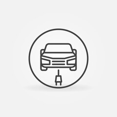 Electric Car with Plug linear vector concept round icon. Front view