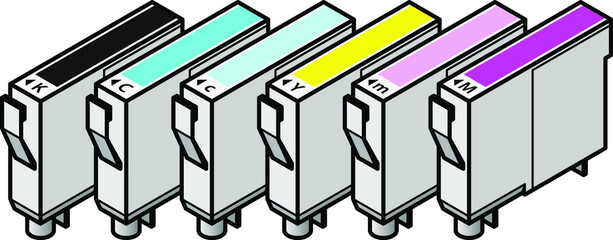 A set of inkjet printer cartridges - individual tanks of cyan, yellow, magenta and black plus light/pale cyan, light/pale magenta - for 6-colour high-fidelity CcMmYK printing. - obrazy, fototapety, plakaty