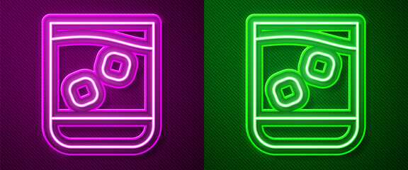 Glowing neon line Glass of whiskey and ice cubes icon isolated on purple and green background. Vector Illustration.