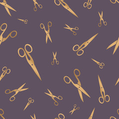 vector pattern of golden scissors on purple background