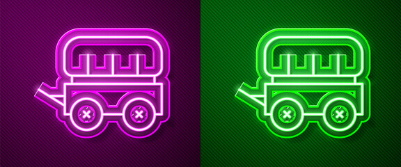 Glowing neon line Wild west covered wagon icon isolated on purple and green background. Vector.