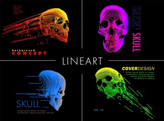 Art concept set of a skull. Vector drawn by color lines. Cover design. Creative line-art.