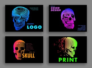 Art concept set of a skull. Vector drawn by color lines. Cover design. Creative line-art.