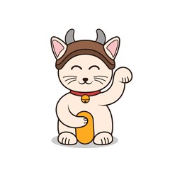 Cute cat illustration using ox hat. Neko cat cartoon character drawing. Flat design vector