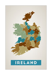 Ireland map. Country poster with regions. Old grunge texture. Shape of Ireland with country name. Elegant vector illustration.