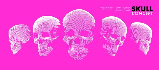 Art concept set of a skull. Vector drawn by lines. Cover design. Creative line-art.