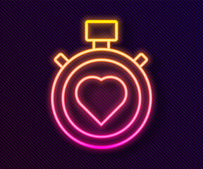 Glowing neon line Heart in the center stopwatch icon isolated on black background. Valentines day. Vector.