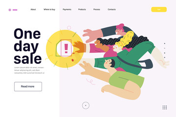 Discounts, sale, promotion- web template -modern flat vector concept illustration of people crowd raising hands trying to get a limited offer product with an exclamation sign, in pursuit. One day sale