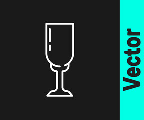 White line Glass of champagne icon isolated on black background. Vector.