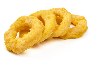 Deep fried calamari rings, isolated on white background