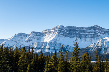 Panoramic mountain landscape along the Icefields Parkway in Canada