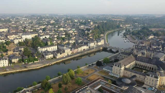 Panoramic view from above on the city Chateau-Gontier and Mayenne river. France
