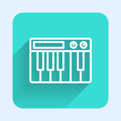 White line Music synthesizer icon isolated with long shadow. Electronic piano. Green square button. Vector.