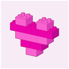 Hearth made by Bricks. Red and Pink Toy building block, bricks for children. Vector isometric illustration,