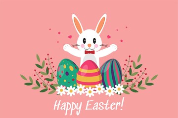 Greeting card with Happy Easter letter. Cute bunny. Colored eggs, flowers and branches. Vector illustration isolated on a pink background.