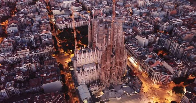 Barcelona, Spain - June 12, 2019: Basilica and Expiatory Church of the Holy Family by Gaudi at night from a drone. Sagrada Familia. Barcelona