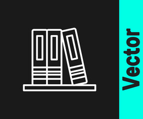 White line Office folders with papers and documents icon isolated on black background. Office binders. Archives folder sign. Vector.