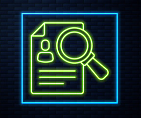 Glowing neon line Document, paper analysis magnifying glass icon isolated on brick wall background. Evidence symbol. Vector.