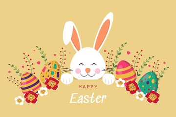 Greeting card with Happy Easter letter. Cute bunny. Ears and tiny muzzle with a mustache. Colored eggs, flowers and branches. Vector illustration isolated on a yellow background.