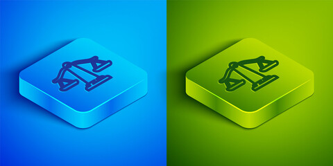 Isometric line Scales of justice icon isolated on blue and green background. Court of law symbol. Balance scale sign. Square button. Vector.
