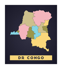 DR Congo map. Country poster with regions. Shape of DR Congo with country name. Modern vector illustration.