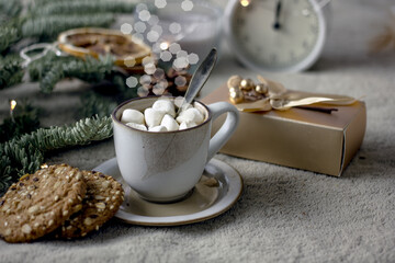 Hygge coffee with marshmallows. Cozy background, hygge style