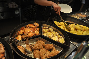 Buffet-Style Meal with Fried Chicken, Potatoes, and Cutlets
