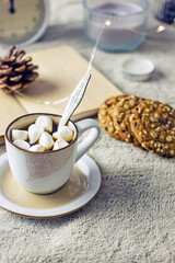 Hygge coffee with marshmallows. Cozy background, hygge style