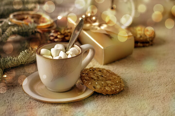 Hygge coffee with marshmallows. Cozy background, hygge style