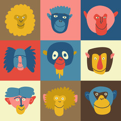 Set of the cute cartoon colorful cards with the faces of monkeys. Hand drawn vector illustration. Isolated elements. 
