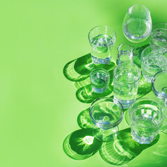 Water glasses on a green background, trendy light and shadow