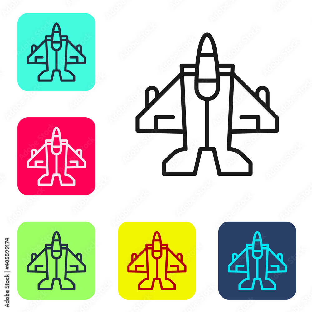 Sticker black line jet fighter icon isolated on white background. military aircraft. set icons in color squa