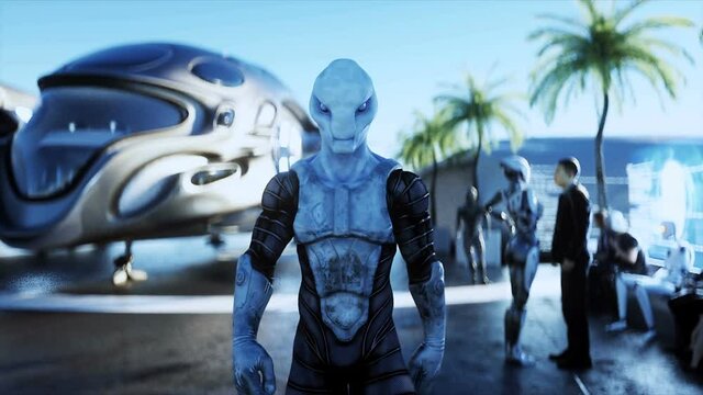 the alien is walking through the station. Realistic 4k animation.
