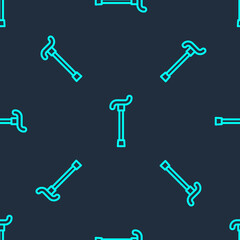 Green line Walking stick cane icon isolated seamless pattern on blue background. Vector.