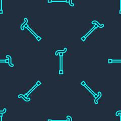 Green line Walking stick cane icon isolated seamless pattern on blue background. Vector.