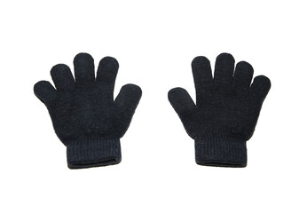Black knitted gloves for winter on white background