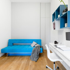Home office room with blue couch