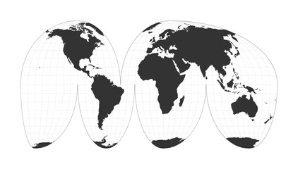 Map of The World. Goode's interrupted Mollweide projection. Globe with latitude and longitude net. World map on meridians and parallels background. Vector illustration.