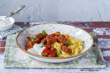 Venison goulash with tagliatelle pasta