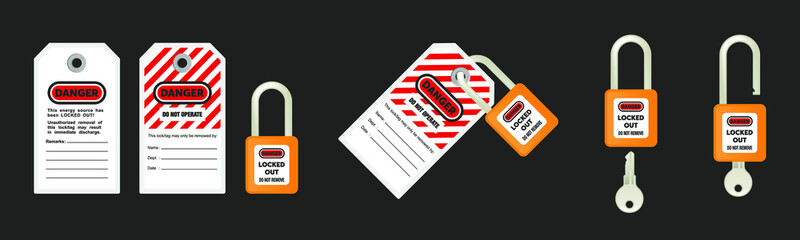 Lock out, tag out with a danger tag vector illustration. Danger and do not operate warning. Machine and electrical system and safety equipment. Isolated on black background.