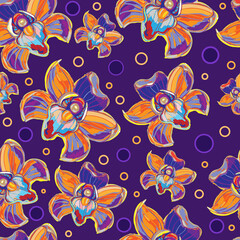 Fototapeta na wymiar Seamless background with flowers, orchids - butterflies. Seamless pattern, vector illustration on purple background.
