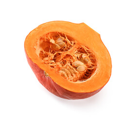 half  fresh pumpkin with pulp and seeds close-up isolated on white background  
