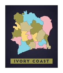 Ivory Coast map. Country poster with regions. Shape of Ivory Coast with country name. Creative vector illustration.